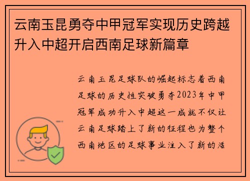 云南玉昆勇夺中甲冠军实现历史跨越升入中超开启西南足球新篇章