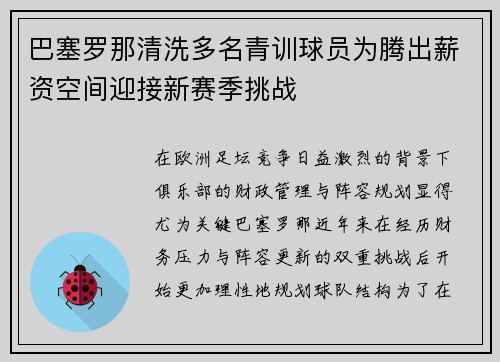 巴塞罗那清洗多名青训球员为腾出薪资空间迎接新赛季挑战